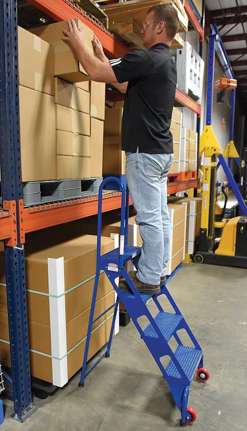 Vestil FLAD-4 Folding 4 Steps Ladder with Wheels, Carbon Steel, 350 lbs Capacity, 40" Top Step Height