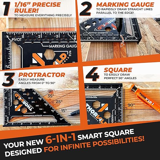 THORVALD 2 Carpenter Square 7 inch (1/16" Precision) + 2 Pencils + 12 Leads - T Square Multi-Purpose Carpenter Tools : Wrench, Protractor, Ruler, Marking Gauge, Drill Gauge, Carpentry Pencil