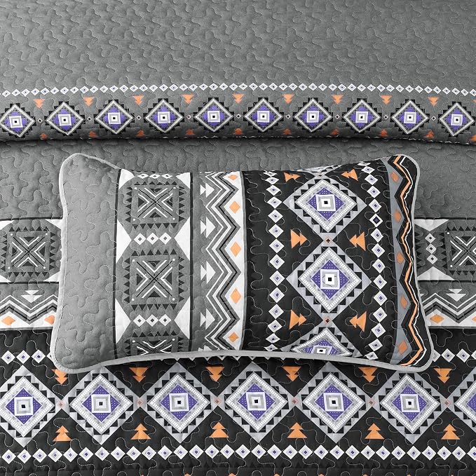 WONGS BEDDING Boho Quilt Set King,Black Grey Bedspread Coverlet Set with 2 Pillowcase,Lightweight Geometry Printed Bohemian Bedding Set 104''×90''