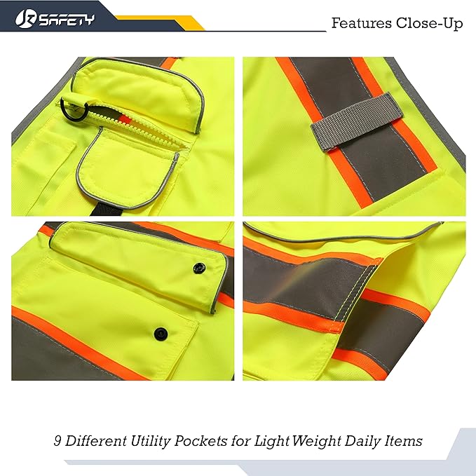 JKSafety 9 Pockets Hi-Vis Neon Yellow Color Zipper Front Safety Vest with Fluorescent Orange Extend Edge outlining the Reflective Tapes Meet ANSI/ISEA Class 2 Standard (901-Yellow, 3X-Large)