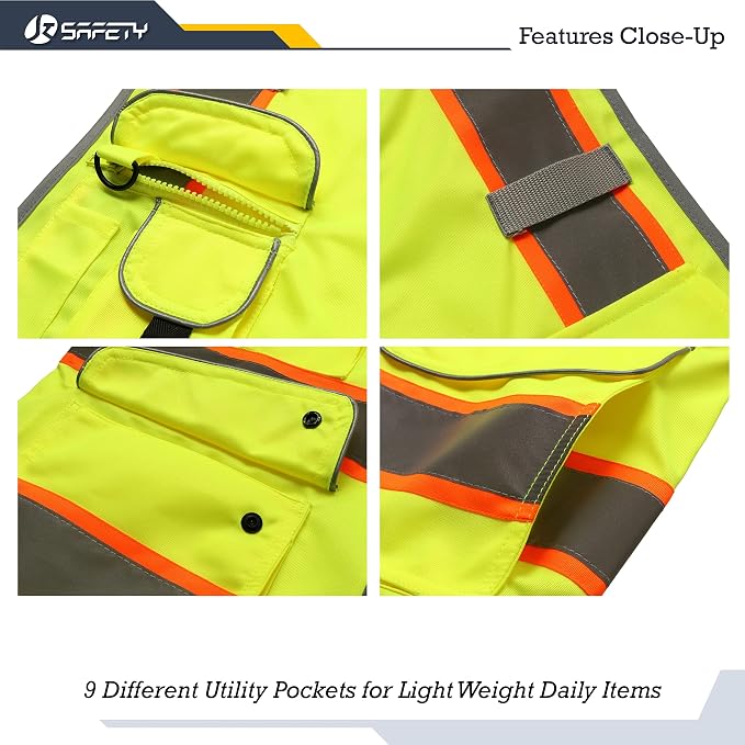 JKSafety 9 Pockets Hi-Vis Neon Yellow Color Zipper Front Safety Vest with Fluorescent Orange Extend Edge outlining the Reflective Tapes Meet ANSI/ISEA Class 2 Standard (901-Yellow, 3X-Large)