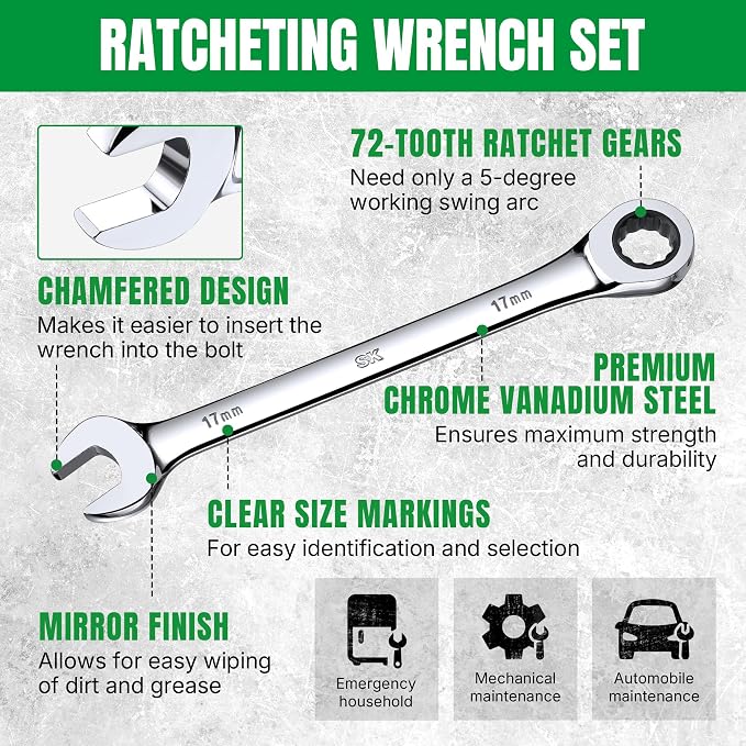SK Ratchet Wrenches Set, SAE 1/4" to 1", Metric 8 to 19mm, 25-Piece | Ratcheting Wrench Set, Combination Wrench Set, 72-Tooth, Chamfered Head Design, Premium CR-V Steel, with Rack Organizer