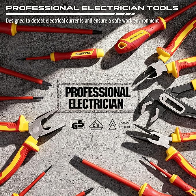 18-Piece Insulated Electrician Tool Set, VDE 1000V Insulated Screwdrivers, Voltage Tester, Long Nose, Diagonal Cutting and Water Pump Pliers for Electrical Work, Home Repair and Maintenance