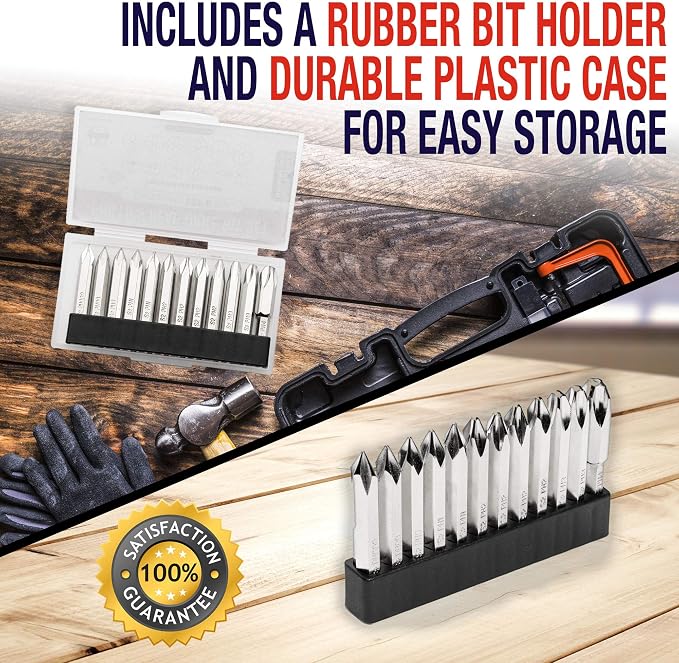 Phillips Screwdriver Drill Bit Set (Premium 12pc Complete Set) w/Storage Case and Bit Holder - 1/4in Hex Shank Magnetic - Impact Ready - S2 Steel - Long 2in Heads for Drills. Baker and Bolt