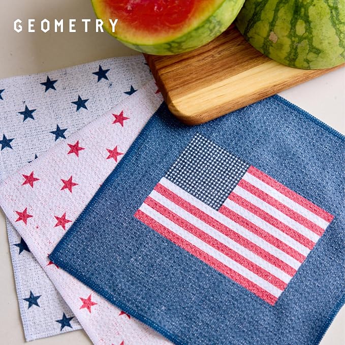 GEOMETRY Dishcloth – Patriotic Collection – Quick-Dry, Ultra-Absorbent, Reusable Microfiber Kitchen Towels for Drying & Cleaning - Old Glory - 3-Pieces