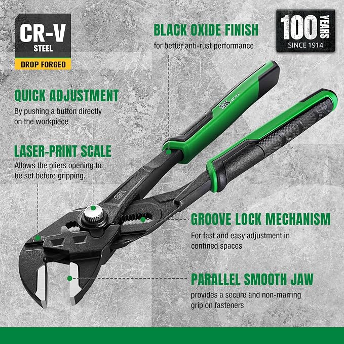 SK 10" Pliers Wrench, Smooth Parallel Jaw Water Pump Pliers, CR-V Steel | Groove Joint Pliers, Adajustable 21 Positions Up to 2" Jaw Capacity, Ergonomic Anti-slip Handle for Comfortable Grip