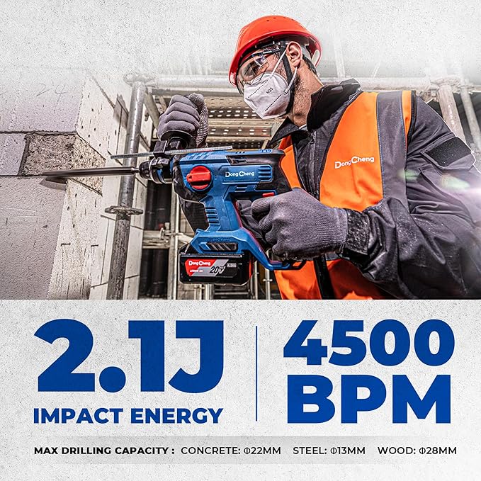 DongCheng 20V Max Brushless Rotary Hammer Drill, 7/8" SDS-Plus, 2.1 J Impact, 4 Modes, 4,500 BPM, Cordless with 2x4.0Ah Battery, Fast Charger, 4 Bits, Case for Concrete Drilling & Demolition