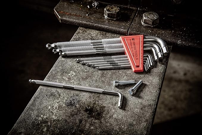 PB Swiss Tools Hex Key Set PB 212Z.LH CN | 100% Swiss Made | 7-Piece Long L-Wrench Key Set with Ball End, Inch Sized 3/32" to 5/16" in Practical Holder