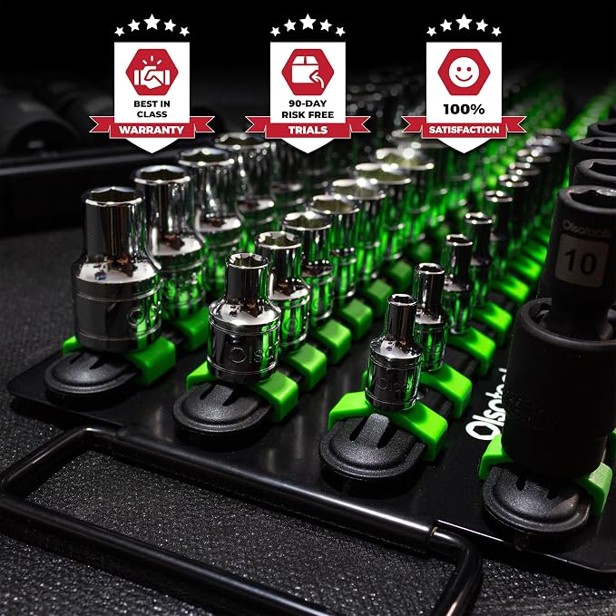 Olsa Tools 80-Slot Portable Socket Organizer Tray With Handle Green/Black | Socket Tray With Clips for 1/4-Inch, 3/8-Inch & 1/2-Inch Drive Sockets - Professional-Grade Tool Organizer - Part: 1024
