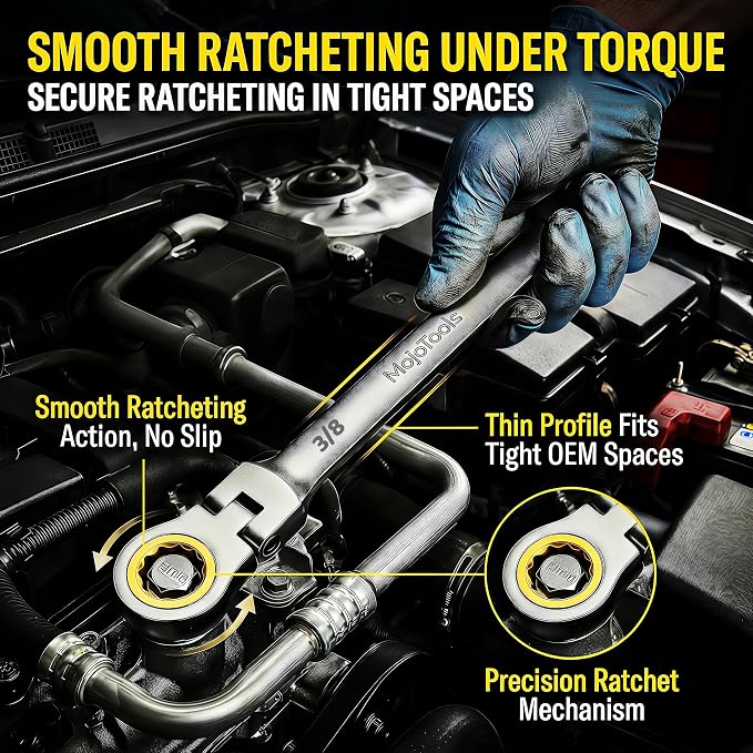 3/8 Inch Flex-Head Ratcheting Combination Wrench, SAE Standard, 72-Tooth 12-Point Ratchet Box End & Open-End Spanner, CR-V Steel, Nickel-Plated for Durability