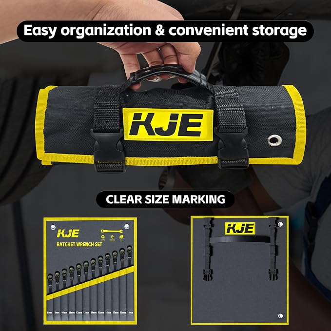 KJE 90-Teeth Metric 180° Flex-Head Ratcheting Wrench Set, Cr-V Steel, 12-Piece Metric 8-19mm Combination Wrenches set, Nickel Plating, with Organizer Bag, for Auto, Machine Repair, Gift