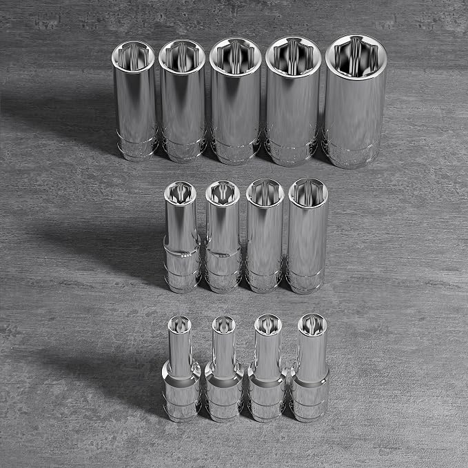 Olsa Tools 1/4-Inch Drive SAE Deep Socket Set - 13pc | 6-Point Chrome Vanadium Sockets, 1/8-Inch to 5/8-Inch, No Skipped Sizes - Professional-Grade SAE Socket Sets - Part: 1329