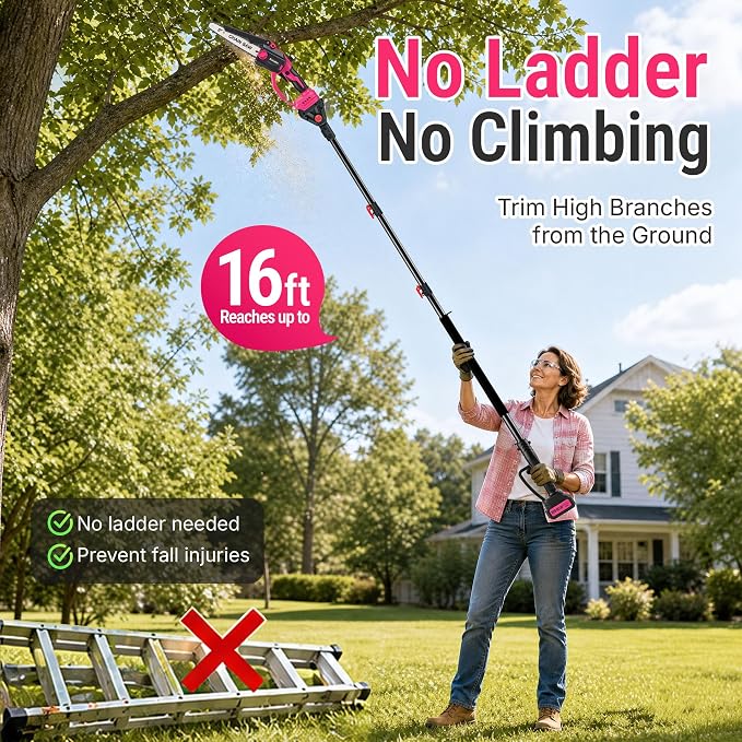 Pink 2-in-1 Cordless Pole Saw for Tree Trimming, 8-Inch Mini Chainsaw with Extension Pole, Battery Powered Tree Trimmer for Branches and Limbs, Adjustable Angle, Auto Oiler, 2× 4000mAh Batteries