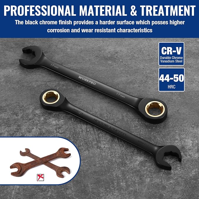 WORKPRO 8-piece Anti-Slip Ratcheting Wrench Set with Quick-Slide Open End | For Mechanics and DIYers, 72-teeth Cr-V Combination Wrenches with Quick-slide Open End for Automotive and Garage Repairs