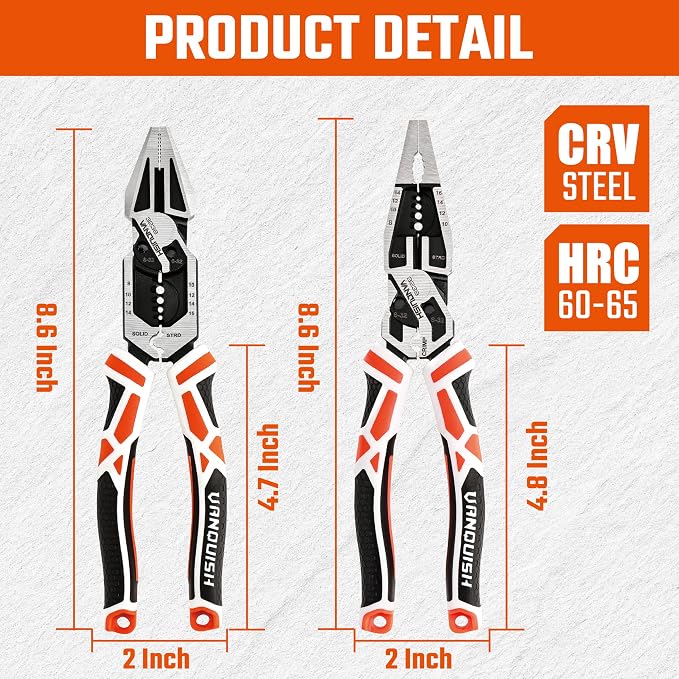 VANQUISH 2 Pcs Pliers Set, 8 Inch Multifunctional Linesman and Long Nose Plier, Wire Cutter/Crimper/Stripper, CRV Steel Heavy Duty Pliers