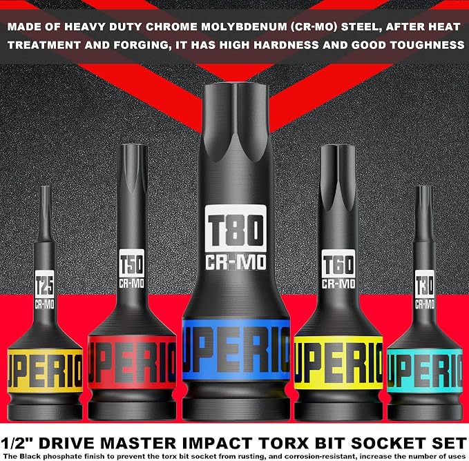 10 Piece 1/2" Drive Impact Torx Bit Socket Set, T25 - T80, Impact Star Bit Socket Set, CR-MO Steel, Automotive Machinery Repair Bicycle Servicing and Furniture Assembly