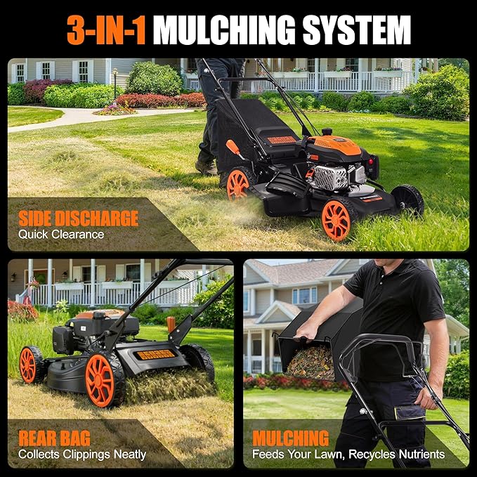 Self-Propelled Gas Lawn Mower - 21 inch with 170cc 4-Stroke Engine, 7-Position Cutting Height, 3-in-1 Versatile Mulching Bagging Discharging, 1.9 Bushels Large Grass Collector, EPA Compliment