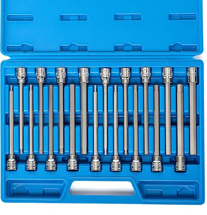 NEIKO 10079A Extra Long Allen Hex Bit Socket Set, 18 Piece SAE and Metric Allen Socket Set, 3/8 Drive, 1/8" – 3/8 Inch & 3mm – 10mm, 6” Long Allen Hex Socket Bit Set, Allen Head Hex Key Socket Set …