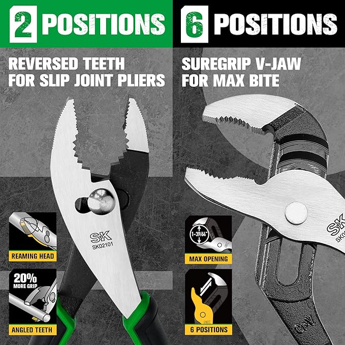 SK 5-Piece Pliers Set, Ergonomic Anti-slip Handle, with Rolling Pouch | 8" Needle Nose & Slip Joint & Diagonal Pliers, 9.5" Linesman Pliers, and 10" Water Pump Pliers