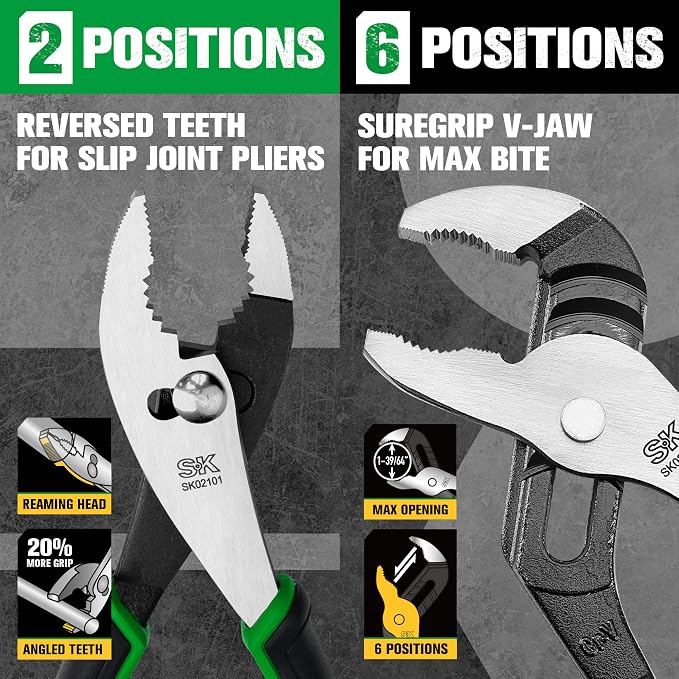 SK 5-Piece Pliers Set, Anti-slip Handle, with EVA Foam Tool Organizer | 8" Long Nose Pliers, 9.5" Linesman Pliers, 8" Slip Joint, 8" Diagonal Cutters, and 10" Water Pump Pliers