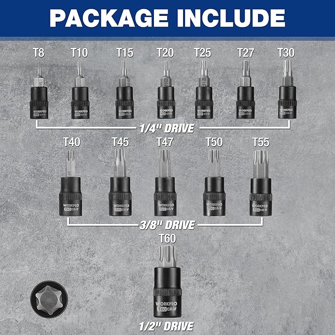 WORKPRO Torx Bit Socket Set, Premium S2 Bits & CR-V Sockets,13-Piece T8-T60