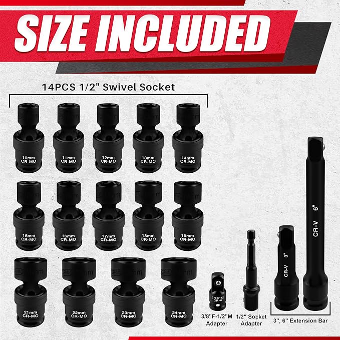 18PCS 1/2" Drive Shallow Universal Impact Socket Set,Swivel Socket Set,Metric Flexible Wobble Sockets, CR-MO,10-24mm, 3", 6" Extension Bar, Adapter,6 Point