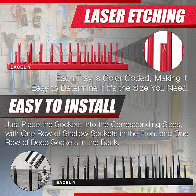 EACELIY Socket Organizer Tray Set,1/2", 1/4" and 3/8" SAE & Metric Deep & Shallow Socket Holder Kit, Deep and Shallow Socket Holders for Toolboxes(sockets not included) 丨8PCS