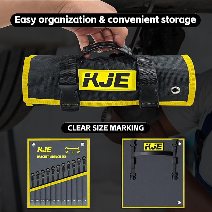 KJE 90-Teeth SAE 180° Flex-Head Ratcheting Wrench Set, Cr-V Steel, 11-Piece SAE 1/4"-3/4" Combination Wrenches set, Nickel Plating, with Organizer Bag, for Auto, Machine Repair, Gift