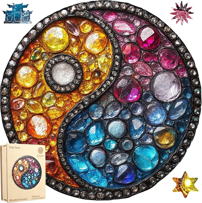 Delobil Puzzles for Adults 200 Pieces, 5MM Thick Colorful Crystal Yin-yang Wooden Puzzles, Gemstones Jigsaw Puzzles for Adults and Kids, Family Game Gift 11.2 * 11.2Inch