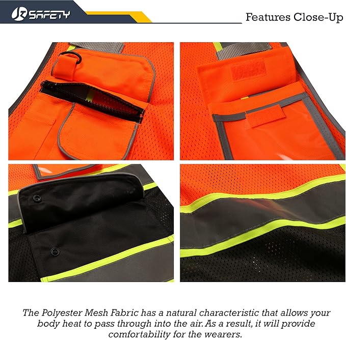 JKSafety 9 Pockets High Visibility Zipper Front Safety Vest With Reflective Strips,Meets ANSI/ISEA Standard (100-Orange-Black,XL)