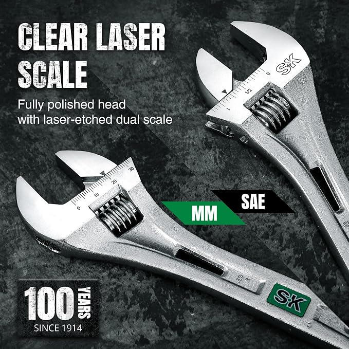 SK 3-Piece Adjustable Wrench Set, 6", 8", 10", SAE & Metric Scales | X-Frame Handle, Precision Jaw, Heat Treated CR-V Steel, Chrome-Plated Rust Resistant Finish