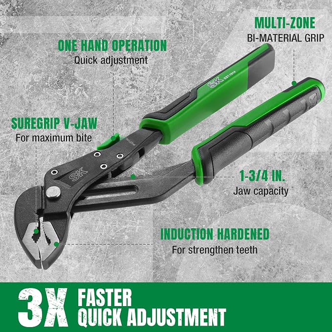 SK 8'' Quick Adjust Water Pump Pliers, SureGrip V-Jaw Groove Joint Pliers | Premium CR-V Steel, Ergonomic Anti-slip Handle for Comfortable Grip