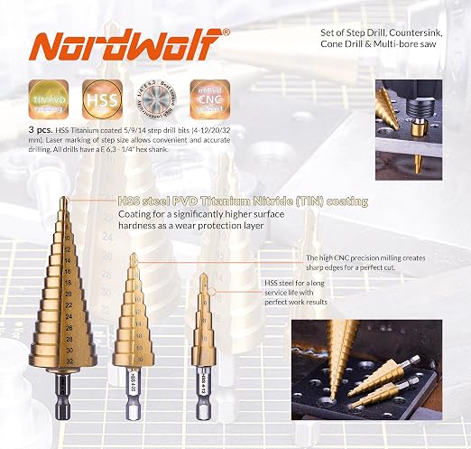 NordWolf 12-Piece HSS Titanium Metric Step, Countersink, Cone Drills with 1/4" Hex Shank, Multi Drill Saw & Automatic Center Punch Set in Storage Case
