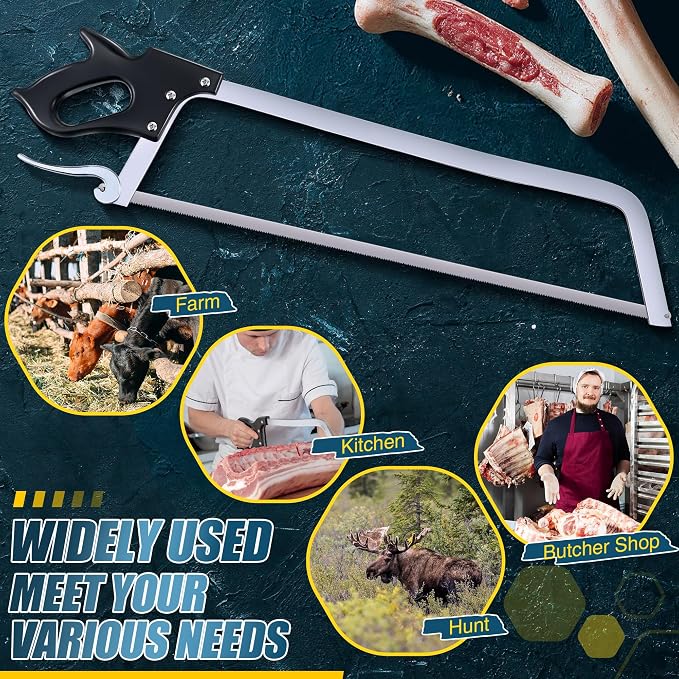 25 Inch Butcher Saw Meat and Bone, Professional Meat Processing Saw with Stainless Steel Blade, Quick Release Black Tightening Cam Comfort Handle, for Household, Processed Livestock and Game