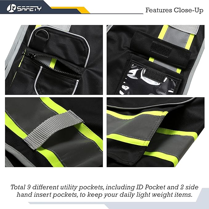 JKSafety 9 Pockets Hi-Vis Black Color Zipper Front Safety Vest Fluorescent Yellow Strips outlining the Reflective Tapes ANSI/ISEA Class 1 (901-Black, X-Large)