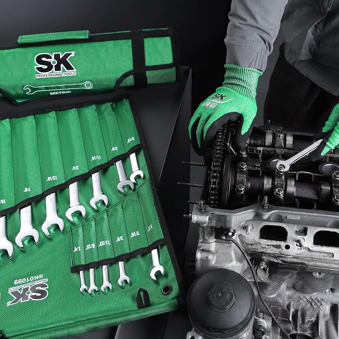 SK Combination Wrench Set, Metric 6 to 32mm, SAE 1/4" to 1-1/4", 42-Piece | SuperKrome Finish, Drop Forged Premium CR-V Steel, 12-Point Wrenches, 15-Degree Offset, with Rolling Pouch