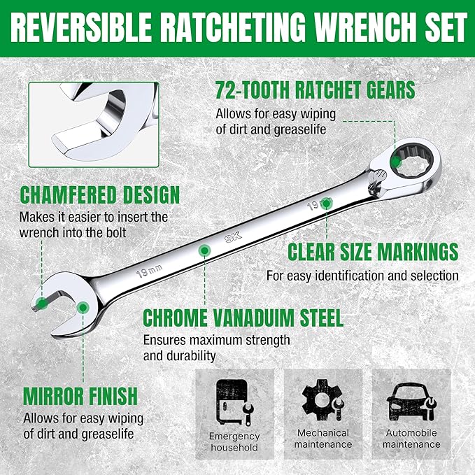 SK Reversible Ratcheting Combination Wrench Set, 12-Piece, Metric 8-19 mm | Ratchet Wrenches Set 72-Tooth, Chamfered Head Design, Premium CR-V Steel, with Rack Organizer