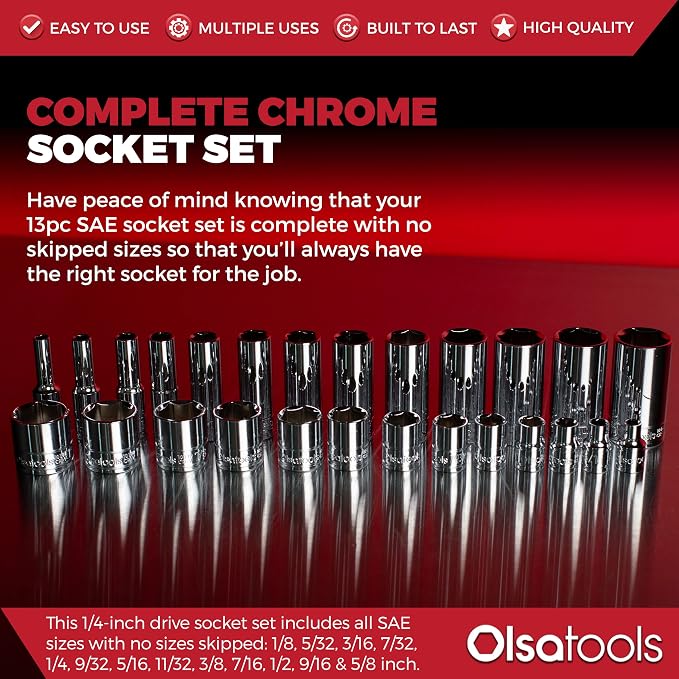 Olsa Tools 1/4-Inch Drive SAE Deep Socket Set - 13pc | 6-Point Chrome Vanadium Sockets, 1/8" to 5/8", No Skipped Sizes - Professional-Grade SAE Socket Sets - Part: 1330