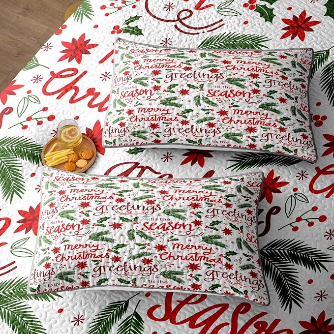 Merry Christmas Boho Red Quilt Set King- Leaves Berry Flowers Printed Holiday Bedding Set - Soft Microfiber Lightweight Comforter Coverlet Bedspread(Leaves, King(90"x104"))