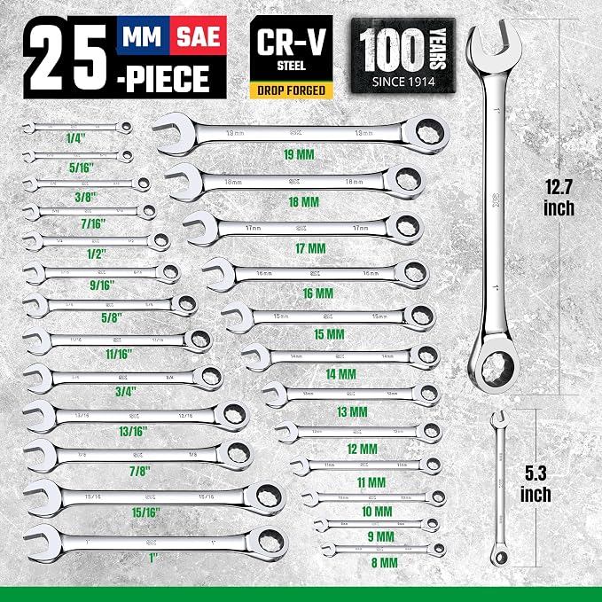 SK Ratchet Wrenches Set, SAE 1/4" to 1", Metric 8 to 19mm, 25-Piece | Ratcheting Wrench Set, Combination Wrench Set, 72-Tooth, Chamfered Head Design, Premium CR-V Steel, with Rack Organizer