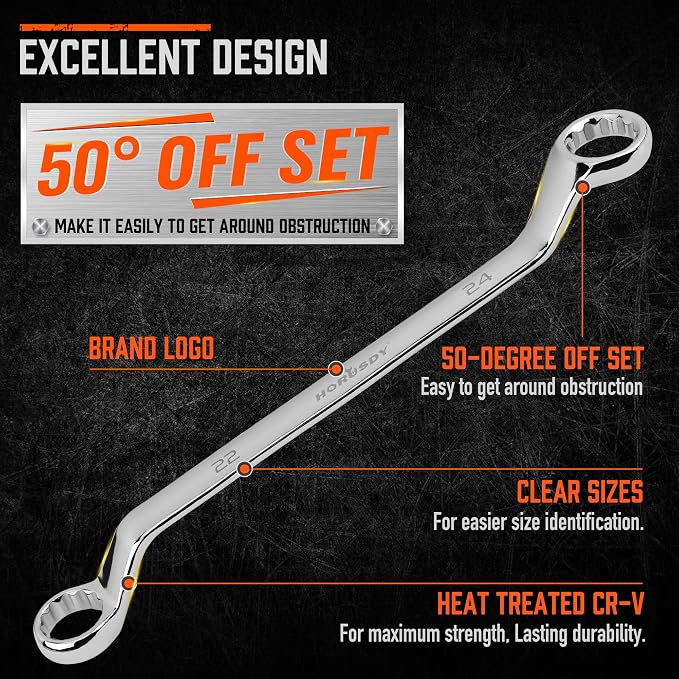 HORUSDY 9-Pieces Metric Offset Box Wrench Set with Rolling Pouch, 50-Degree, Metric 6-24mm, CR-V Steel