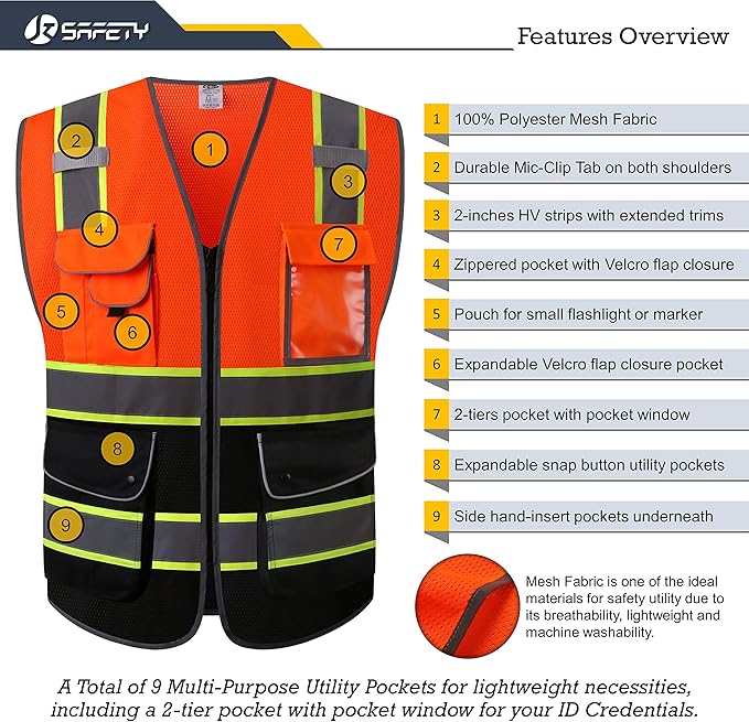 JKSafety 9 Pockets High Visibility Dual Color Zipper Front MESH Lite Safety Vest | Yellow Color Triming Reflective Strip | ANSI/ISEA Standards (100-Orange-Black, M)