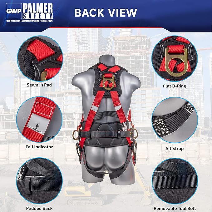 Fall Protection Hammerhead Kit I 5pt Safety Harness, 6' Double Leg Lanyard, 18" D-Ring Extender (Red - LG)