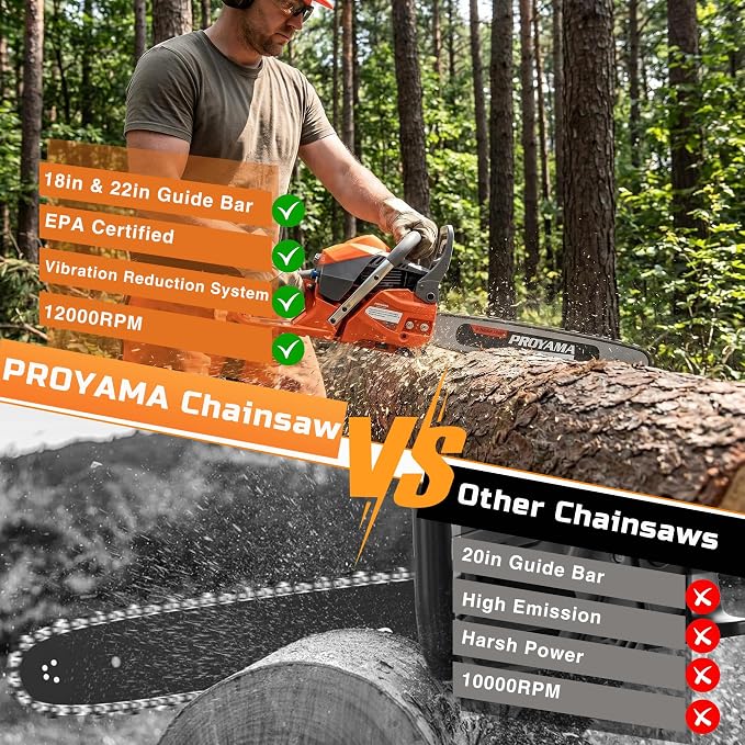 PROYAMA 62cc Gas Powered Chainsaw, 3 Position Spring Vibration System | 18" & 22" Bar and Chain, 3.5HP 2 Cycle Gas Power Handheld Chain Saw with Transparent Fuel Tank for Tree Wood Cutting