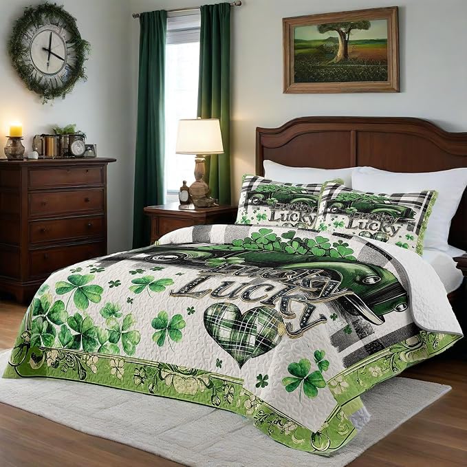 St. Patrick's Day Patchwork Quilt Set King Shamrock Car 3pcs Bedding Set with 2 Pillow Shams Soft Lightweight Coverlet Comforter Home Decor Gift for Boys (Shamrock Car, King(90"x104")) | Breathable