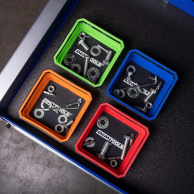 OEMTOOLS 26052 Foldable Magnetic Tray Set, Mothers Day Gifts, Magnetic Tray for Mechanic's Small Parts, Sorting and Storage, Collapsible, 4-1/2" Square, 2 lb. Capacity, 4 Color Gifts for Mom