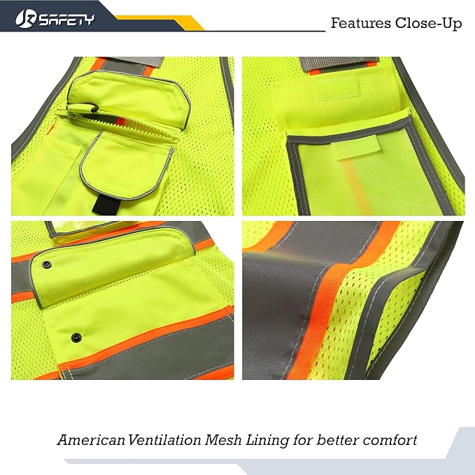 JKSafety 9 Pockets Hi-Vis Neon Yellow Zipper Front MESH Safety Vest with Fluorescent Orange Extend Edge outlining the Reflective Tapes Meet ANSI/ISEA Class 2 Standard (100-Yellow, 5XL)