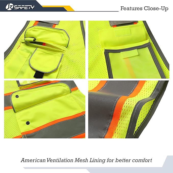 JKSafety 9 Pockets Hi-Vis Neon Yellow Zipper Front MESH Safety Vest with Fluorescent Orange Extend Edge outlining the Reflective Tapes Meet ANSI/ISEA Class 2 Standard (100 Yellow, 3XL)