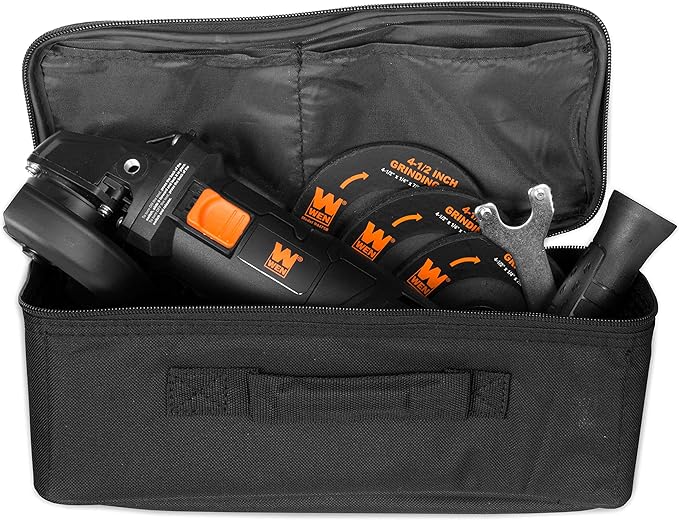 WEN 94475 7.5-Amp 4-1/2-Inch Angle Grinder with Reversible Handle, Three Grinding Discs, and Carrying Case, Black,orange