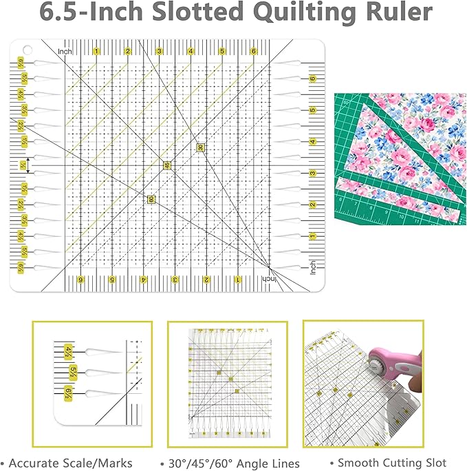 Quilting KIT with Quilting Ruler Holder, Rotary Cutter, Curved Corner Cutter Quilting Ruler, Slotted Quilting Ruler, Arcs & Fans Quilt Circle Cutter Ruler,Non Slip Ruler Grip Rings, Heat Erasable Pens